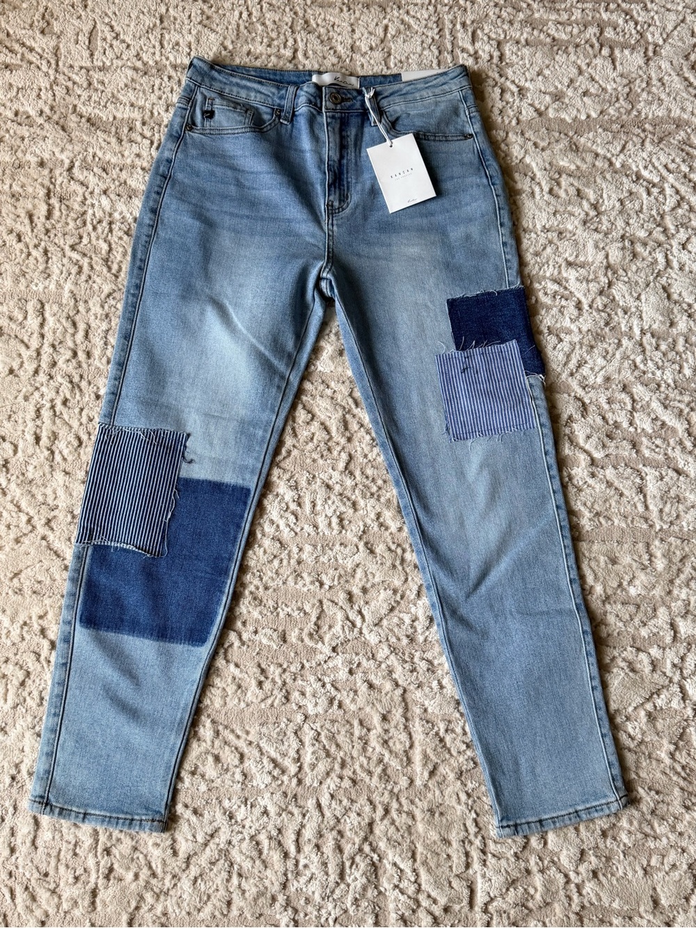 KanCan Light Wash High Rise Mom Jeans with Patchwork